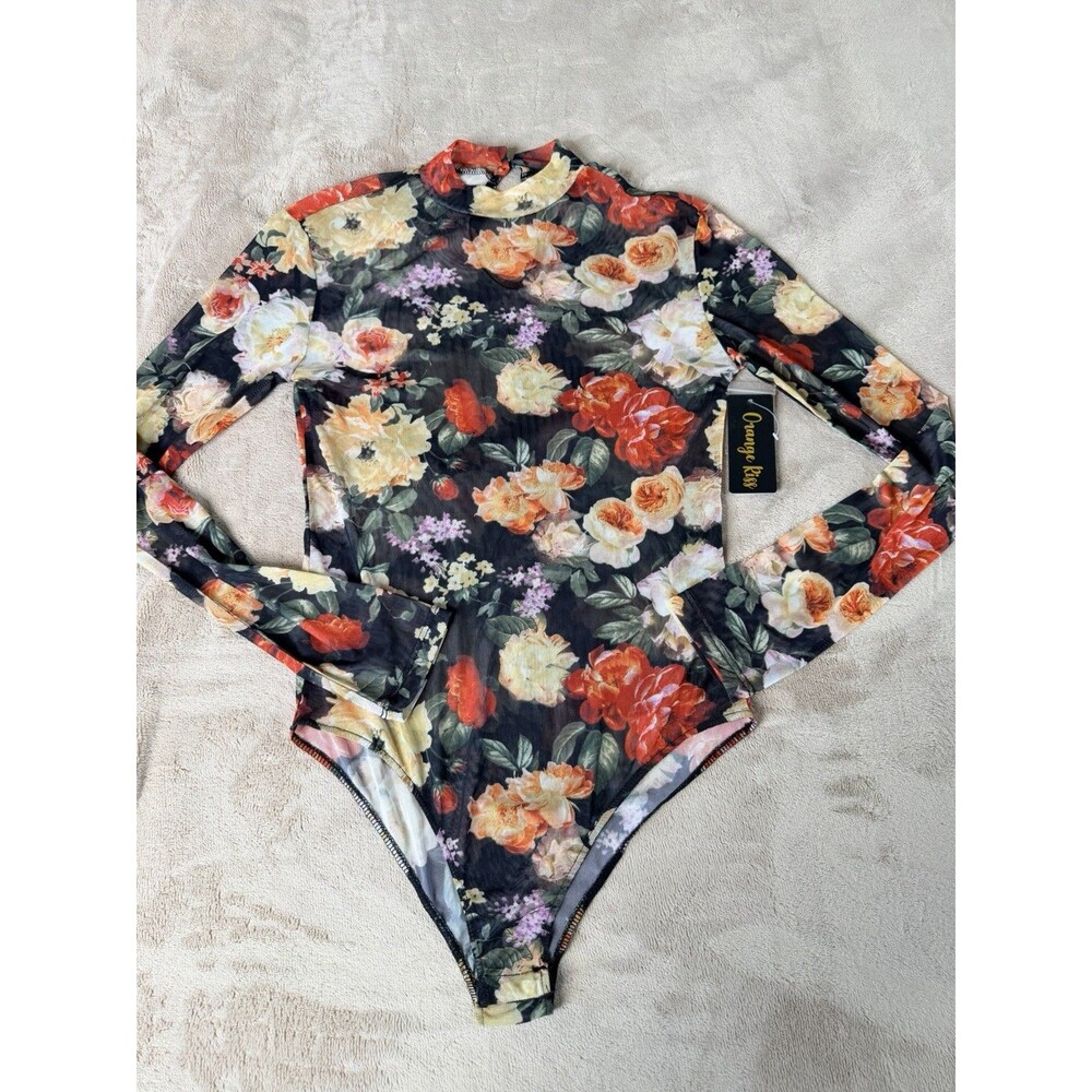 orange kiss Women’s Floral Mesh Long Sleeve Bodysuit Size M